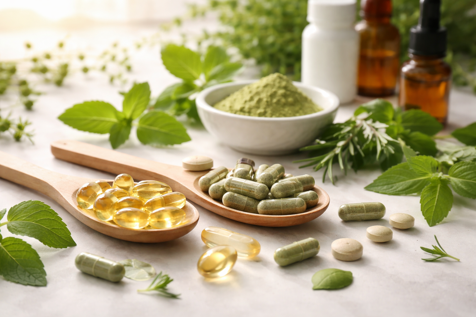 natural herbal supplements with fresh green leaves and wooden spoons on light surface, soft morning light, wellness lifestyle concept