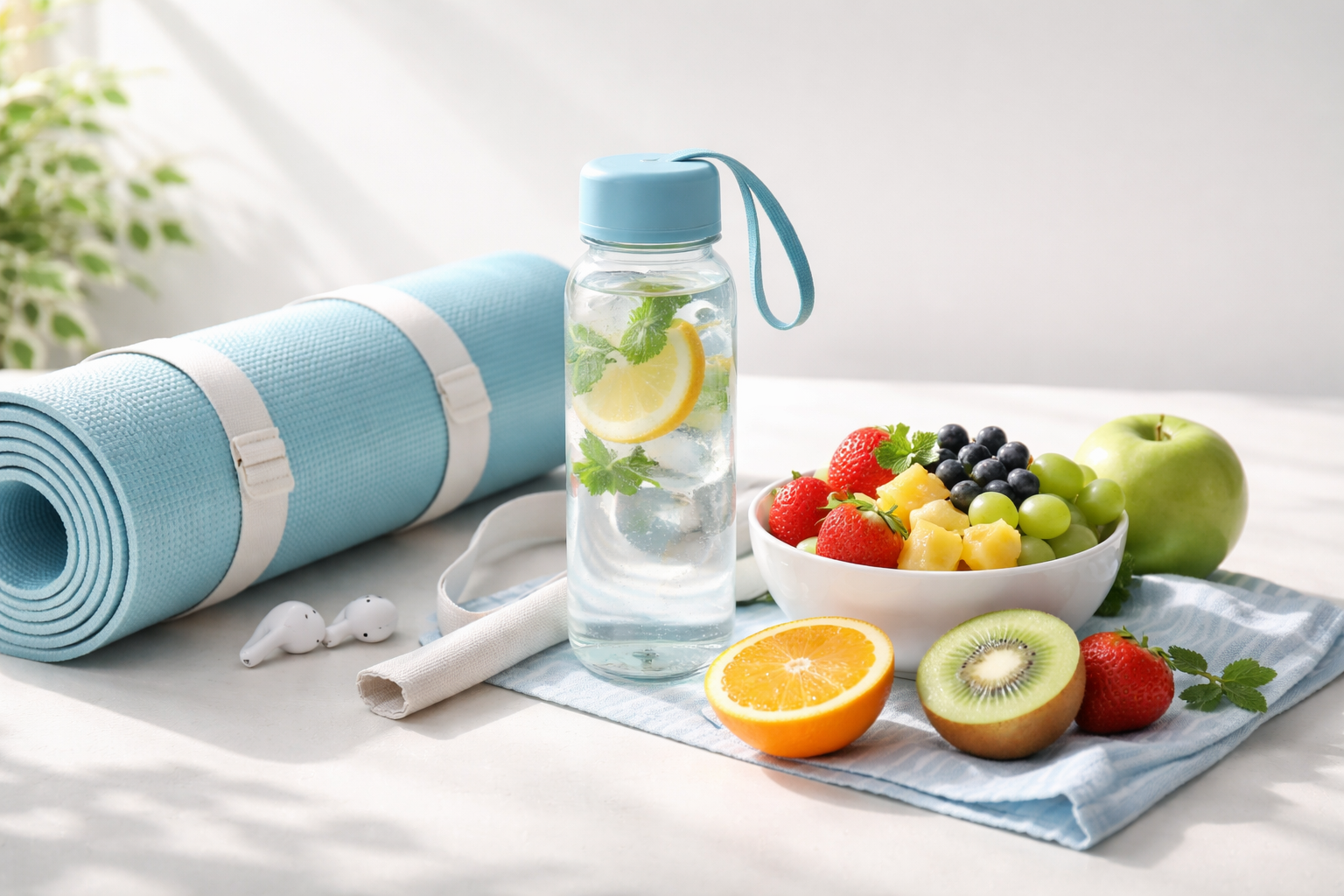active lifestyle concept with yoga mat, water bottle and fresh fruit on bright minimalist background, morning routine setup